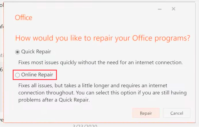 Opcja naprawy online Outlook nie aktualizuje skrzynki odbiorczej