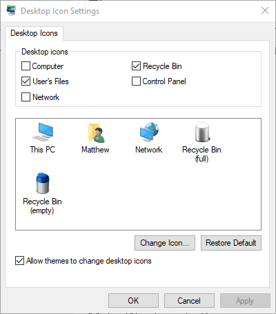 Janela de configurações do ícone da área de trabalho windows 10 ícone da lixeira personalizada não atualizando