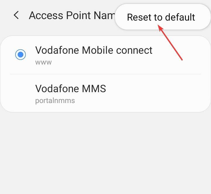 скинути значення за замовчуванням, щоб виправити, що Vodafone не зареєстрований у мережі