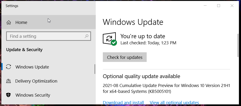 Fliken Windows Update i Inställningar airpods kommer inte att ansluta till
