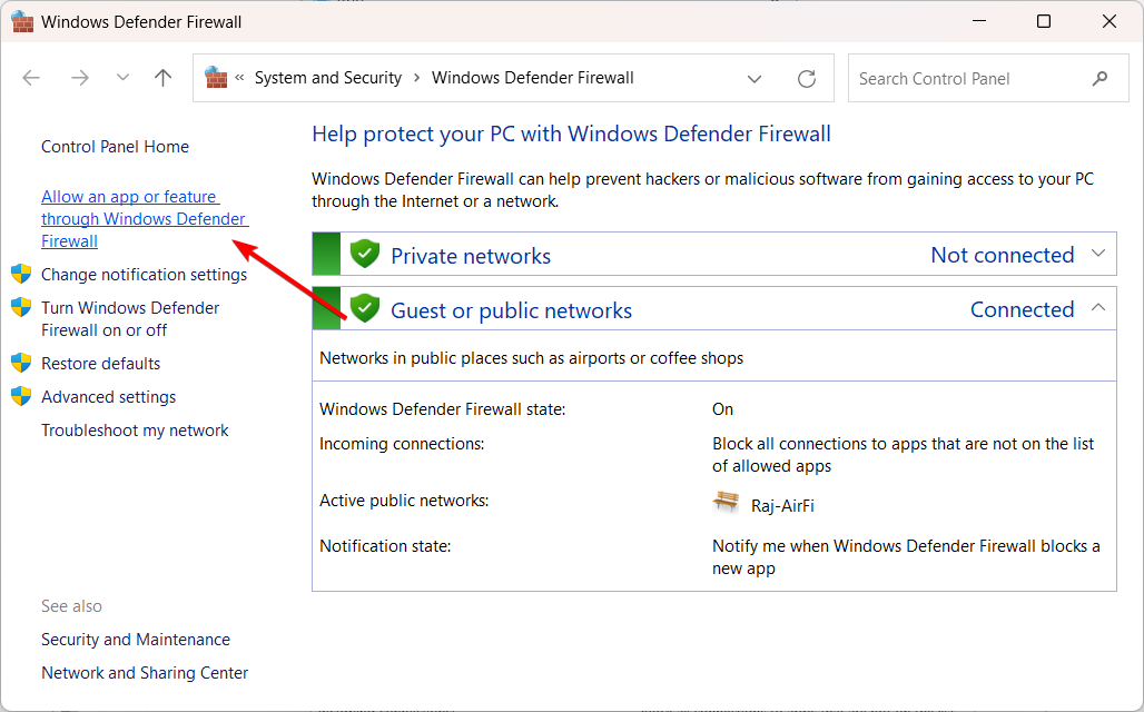 Izinkan aplikasi atau fitur melalui Windows Defender Firewall.