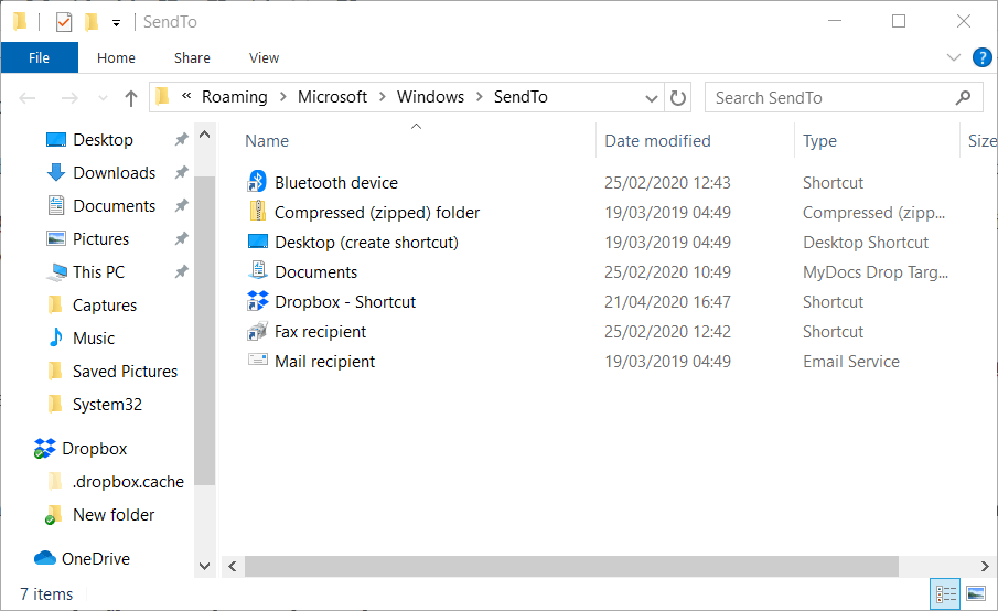 В папката SendTo добавете dropbox към File Explorer