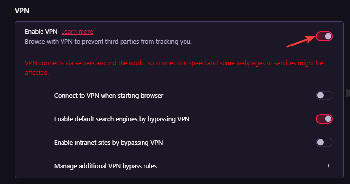 Opera GX を有効にする VPN