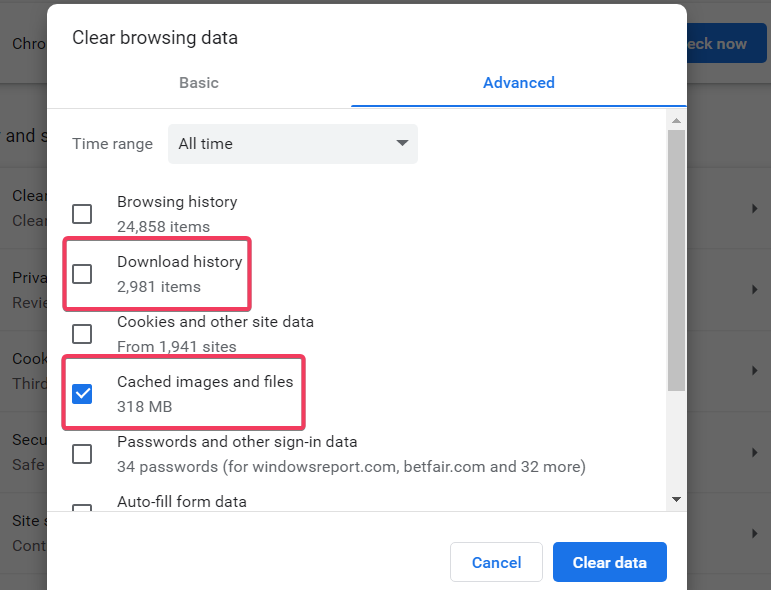 La casilla de verificación del historial de descargas de Chrome dice descarga en curso