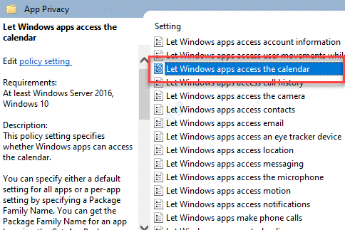 „Local Group Policy Editor“ programos privatumas leiskite „Windows Apps“ pasiekti kalendorių