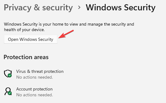 Kliknite na Open Windows Security