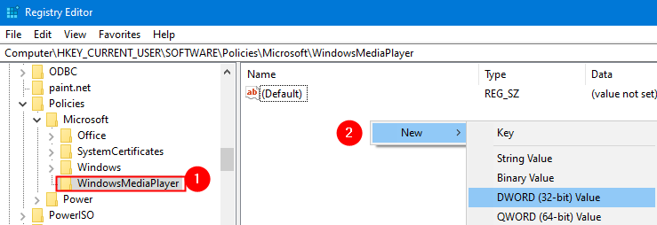 Windowsmediaplayer 내의 새로운 Dword