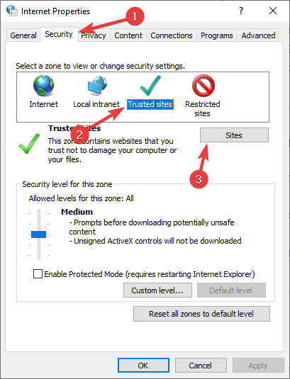 прозорец за свойства на internert как да добавите надеждни сайтове в Windows 10 
