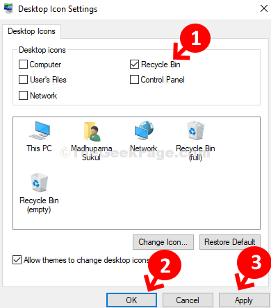 Impostazioni icona desktop Verifica Cestino Applica Ok