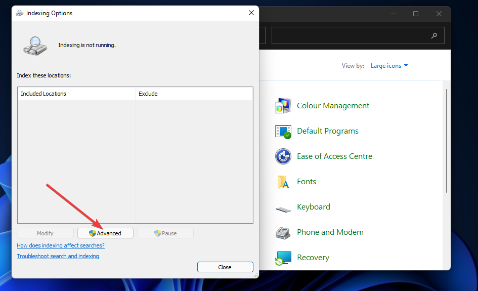Napredni gumb Windows 11 indeksiranje pretraživanja je isključen