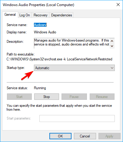 Garso valdymo programa neįdiegta nustatykite „Windows Audio Properties“ paleisties tipą į „Automatic“