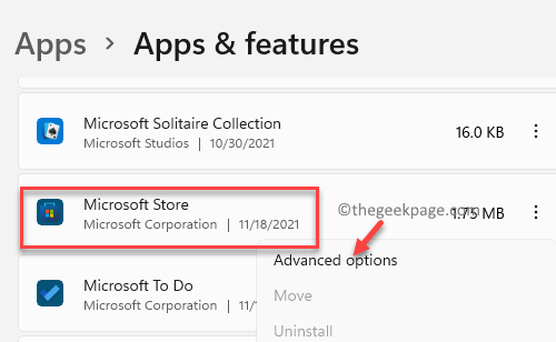 Nastavení Aplikace Aplikace a funkce Seznam aplikací Microsoft Store Tři tečky Pokročilé možnosti Min