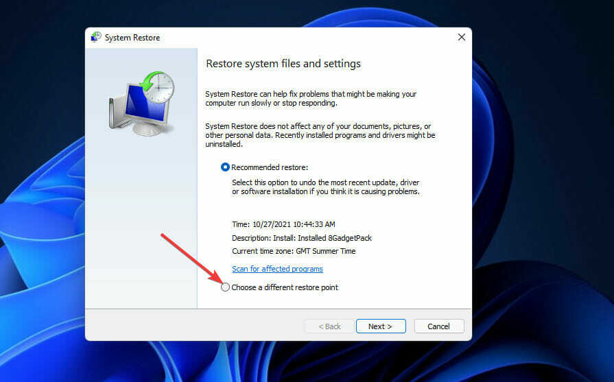 A Válasszon másik visszaállítási pontot beállítás A Windows 11 műveleti központ nem nyílik meg