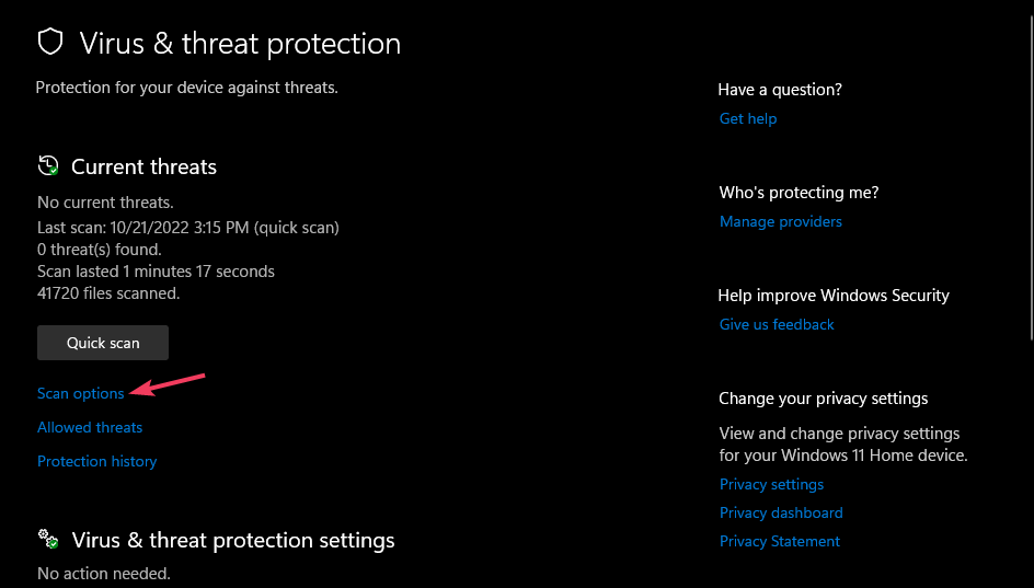 Postavke prikaza opcija skeniranja opcija Windows 11 ne rade