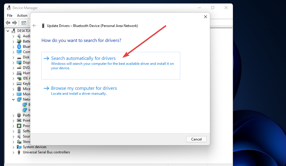 Căutați automat opțiunea de drivere pentru Windows 11 driver de rețea