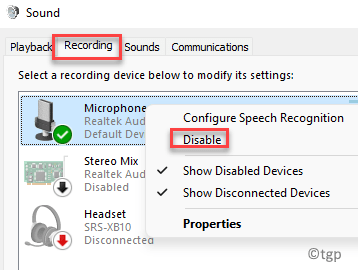 Garso įrašymo skirtuko mikrofonas dešiniuoju pelės mygtuku spustelėkite Išjungti Min (1)