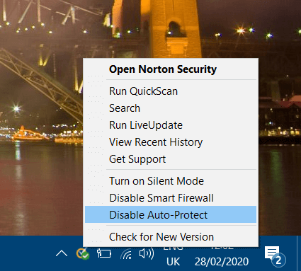 Kontextová ponuka antivírusového programu Norton. Chyba aplikácie Windows 0xc0000906