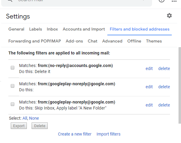 Het tabblad Filters Gmail-account ontvangt geen e-mails