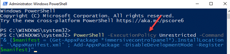 Windows Powershell (المسؤول) ، قم بتشغيل الأمر لإعادة تثبيت تطبيق الإعدادات وتسجيله ، أدخل