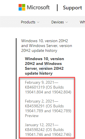 Windows atjaunināšanas vēstures kreisajā pusē meklējiet jaunāko atjauninājumu, pamatojoties uz Windows versiju un OS versiju