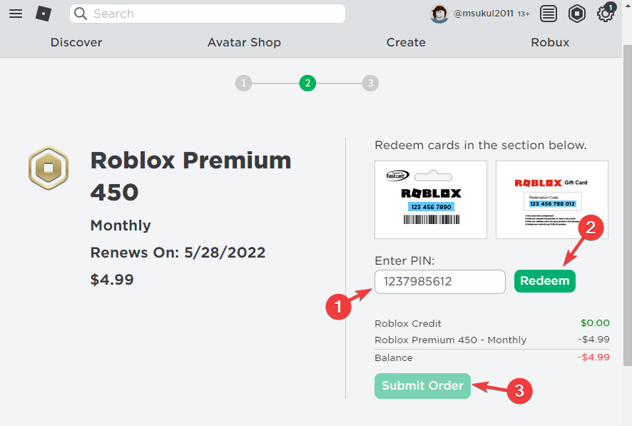 Roblox mokėjimo puslapyje įveskite PIN kodą, išpirkite ir pateikite užsakymą