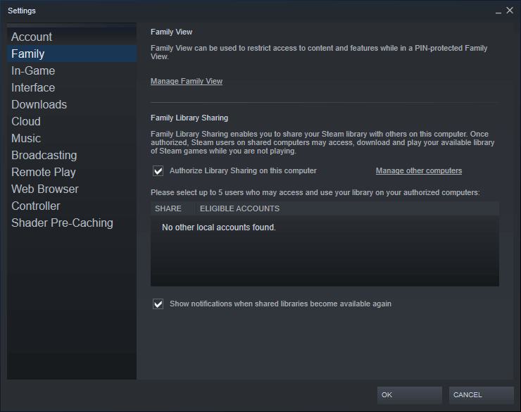 הגדרות משפחת Steam - Steam לא הצליח לאשר את המחשב