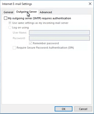 Registerkarte "Ausgangsserver" Outlook-Fehler 0x8004210B unter Windows