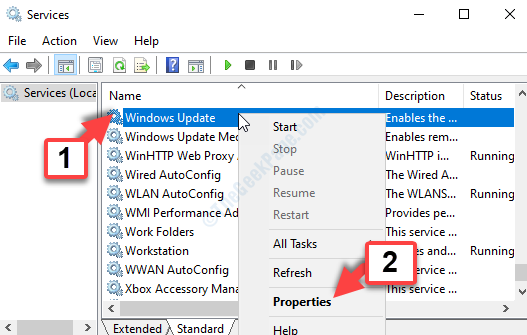 Име на услуги Колона Windows Update Свойства с десен бутон на Windows Update