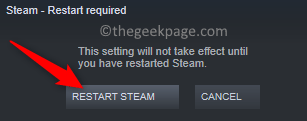 Steam-uudelleenkäynnistys vaaditaan Min