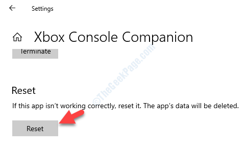 Xbox Console Companion Разширени опции Бутон за нулиране за рестартиране