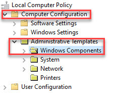 עורך מדיניות קבוצתית בצד שמאל תצורת מחשב תבניות מנהליות רכיבי Windows