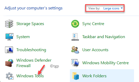 Kontrollpanelvy med stora ikoner Windows -verktyg Min