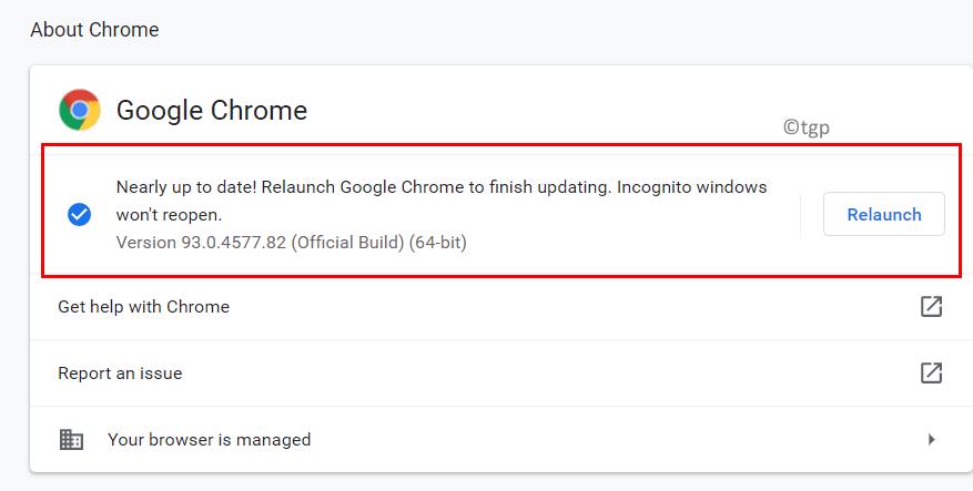Chrome Sjekk oppdateringer Relansering Min