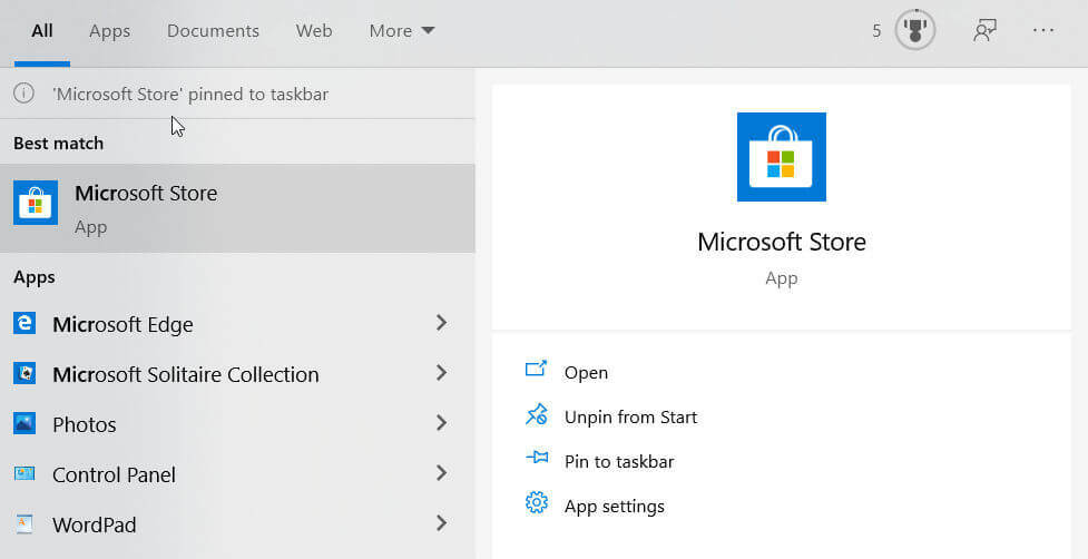 Åbn Microsoft Store fra menuen Start