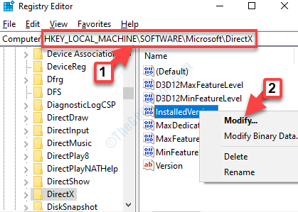 Registriredaktoris navigeerige teele Directx Installedversion paremklõpsake käsku Muuda
