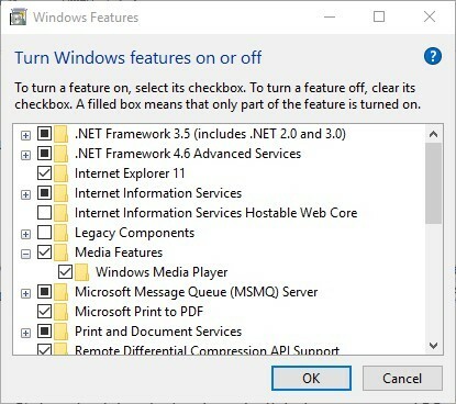iespējojiet Windows Media Player Windows funkcijās