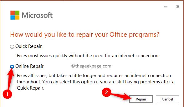 Riparazione in linea di Microsoft Office min