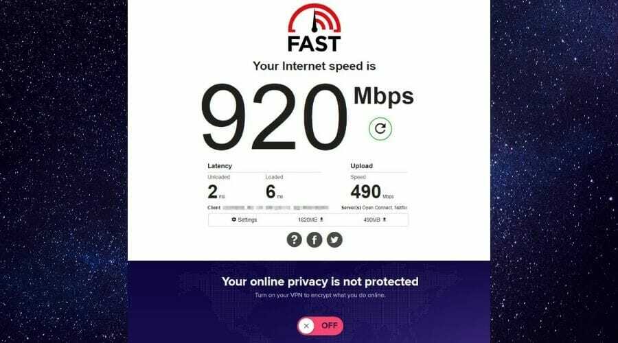 Fast.com-nopeustesti ilman Avast VPN: ää