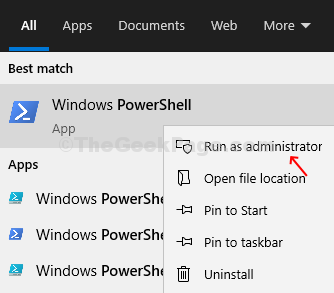 Значок Windows на робочому столі Powershell Клацніть правою кнопкою миші Запустити від імені адміністратора