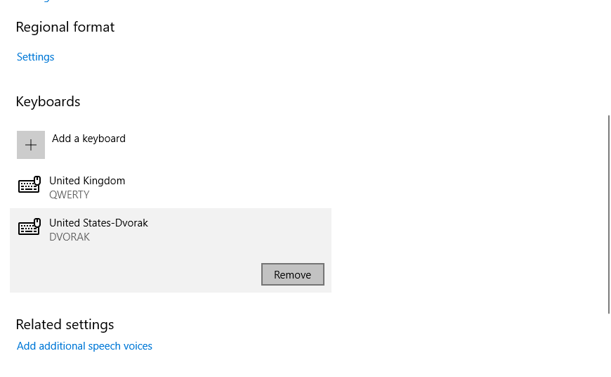 Odebrat možnost odebrání rozložení klávesnice v systému Windows 10