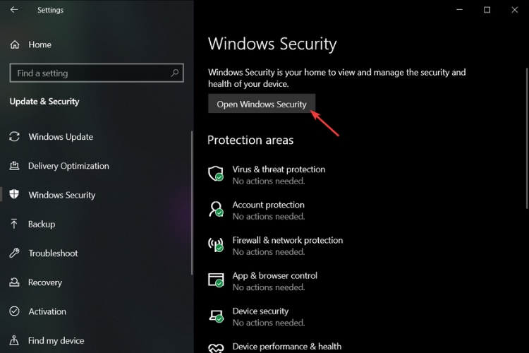 გახსენით Windows Security