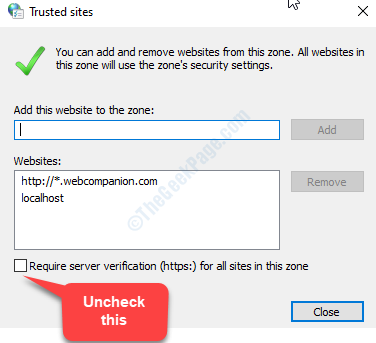 I siti attendibili richiedono la verifica del server (https) per tutti i siti in questa zona Deselezionare