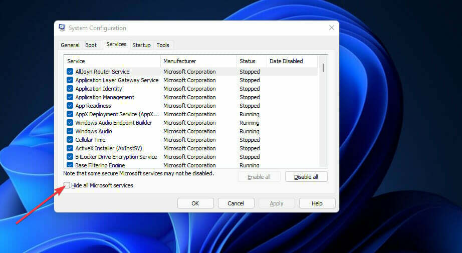 La opción Ocultar todos los servicios de Microsoft atenuación de pantalla de windows 11
