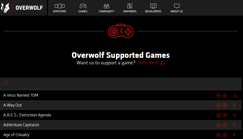 La page des jeux pris en charge par Overwolf overwolf ne restera pas au top