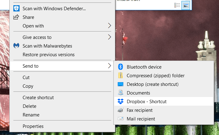 An Untermenü senden Dropbox zum Datei-Explorer hinzufügen