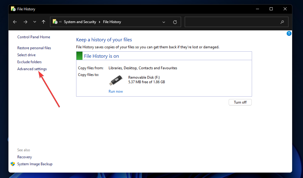 Опция за разширени настройки Windows 11 история на файловете