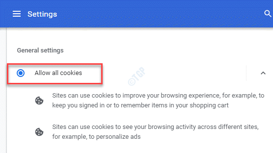 クッキーおよびその他のサイトデータの一般設定はすべてのクッキーを許可します