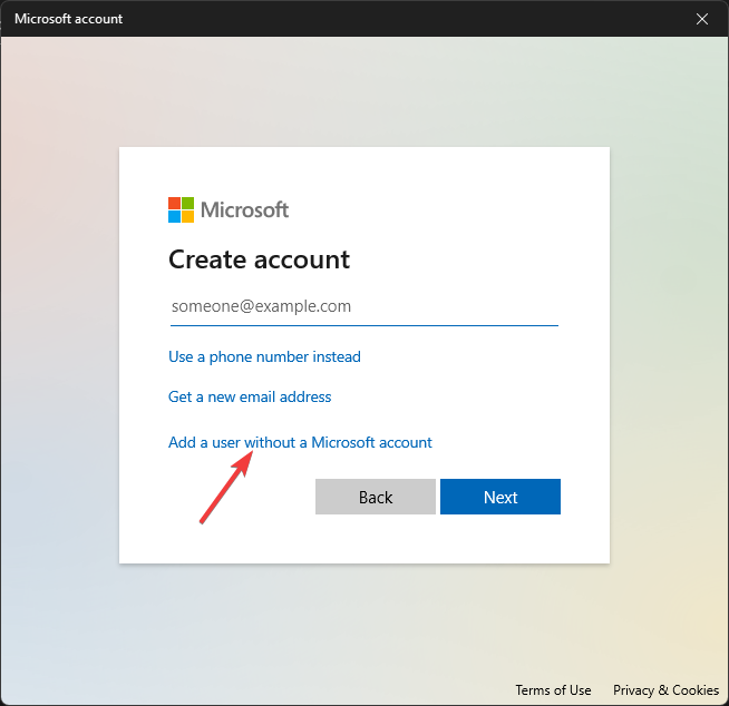 הוסף משתמש ללא חשבון Microsoft