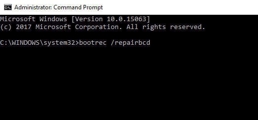 Dårlig systemkonfigurationsinformation ved opstart af bootrec / repairbcd