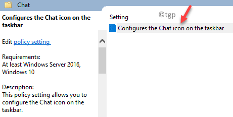Editor lokálnej politiky skupiny Prejdite na chat Konfiguruje ikonu chatu na paneli úloh Dvakrát kliknite na min